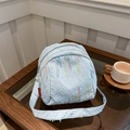 Mini borsa a tracolla trapuntata azzurra con ricami colorati ed etichetta FASHION - Blu
