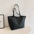 Retro black tote bag with gray geometric pattern and gold hardware accents - Black