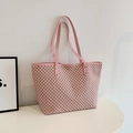 Pink retro tote bag with brown geometric circles and long straps for daily commute - Pink