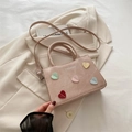 Pink minimalist handbag with colorful heart patches and adjustable shoulder strap - Pink