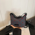 Elegante borsa a mano in tela grigio scuro a pois rossi con tracolla regolabile - Pois