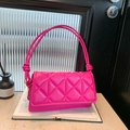 Hot pink quilted shoulder bag with rhombus pattern and unique knotted cord strap design - Rose Red