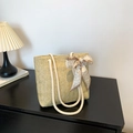Summer straw tote bag in light green woven fiber with white cotton rope handles - Khaki
