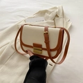 Retro canvas and brown leather crossbody saddle bag with vintage metal buckle - Brown