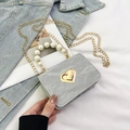 Mini marble pattern square bag with pearl handle and golden heart lock in light grey - Silver