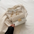 Umhängetasche aus weißem Leder und Strohgeflecht mit goldenem Kettenriemen-Detail - Weiß