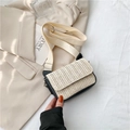 Minimalist woven straw crossbody bag with black leather piping and beige wide strap - Black