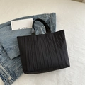 Minimalist black pleated tote bag with vertical textured fabric for daily casual wear - Black
