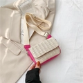 Chic woven raffia crossbody bag with magenta leather trim and wide canvas strap - Rose Red