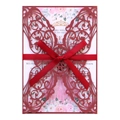 Invitation de mariage bordeaux découpée au laser avec ruban rouge et carte fleurie - Rouge Foncé