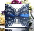 Navy blue laser-cut wedding invitation card with elegant silk ribbon bow and lace details - Deep Blue