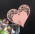Pink heart-shaped laser-cut place card attached to a wine glass for wedding table decor - Pink (BK20)