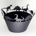 Dark green dinosaur cupcake wrappers featuring laser-cut prehistoric silhouettes for kids' parties - 5cm / Pearlescent Black