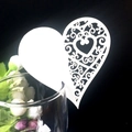 Elegant white heart laser-cut name place cards for wine glass decoration at weddings - Fine Scroll Hollow Heart Style (BK-23)
