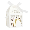 Laser cut white wedding favor box with bride and groom silhouette and ribbon bow - Ivory White