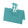 3D laser cut turquoise wedding place card with kissing couple silhouette and heart patterns - Tiffany Blue