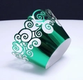 Metallic green laser cut cupcake wrapper with elegant vine patterns for dessert styling - Reflective Green