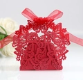 Elegant red laser-cut butterfly wedding favor box with a delicate matching silk ribbon - Red