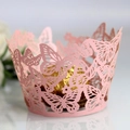 Pink laser-cut butterfly cupcake wrapper with intricate hollow lace pattern for weddings - 5cm / Pink
