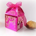 Laser cut heart hollow wedding favor box in metallic rose red with organza ribbon bow - Reflective Rose Red