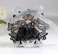Silver laser-cut butterfly favor box with light blue ribbon for wedding candy gifts - Reflective Silver