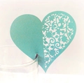 Detail of laser-cut heart glass card in blue pearlescent paper for table decoration - Tiffany Blue