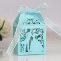 Tiffany blue laser-cut wedding candy box with groom and bride silhouette and ribbon bow - Pearl Pale Blue