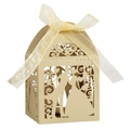 Champagne gold laser cut wedding favor box with bride groom silhouettes and silk ribbon - Beige Gold
