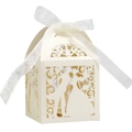 Ivory laser cut hollow wedding favor box with bride groom silhouettes and white ribbon bow - Jewelry Star/Beige