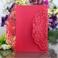 Elegant red laser-cut wedding invitation card with intricate lace floral patterns - Red
