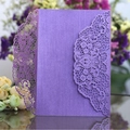 Elegant purple laser-cut wedding invitation card with intricate lace floral patterns - Deep purple