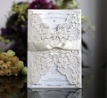 Elegant laser cut butterfly wedding invitation card in cream pearl paper with ribbon bow - Ivory