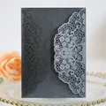 Elegant laser cut lace wedding invitation cover in charcoal black pearlescent paper - Charcoal Black