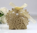 Laser cut butterfly candy box in gold finish with elegant ribbon bow for weddings - Beige Gold