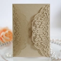 European vintage brown kraft paper wedding invitation with laser-cut lace floral pattern - Beige Gold