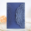 Navy blue laser-cut invitation cover with floral lace details on pearlescent paper - Dark Blue