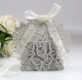 Elegant laser-cut butterfly wedding favor box in pearl silver with a white ribbon bow - Silver