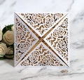Elegant laser cut wedding invitation card with white rose pattern and gold insert - White