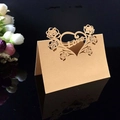 Laser cut kraft paper heart place card with Love text and rose hollow pattern - Rose Heart Hollow Style (Gold XWK-17)
