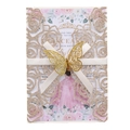 Invitación de boda láser en oro champán con diseño de rosas y detalle de mariposa - Oro Rosa con Purpurina