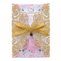 Glitter laser-cut Quinceañera invitation with rose pattern and gold butterfly ribbon - Glitter Golden Yellow