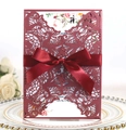 Elegant burgundy laser cut wedding invitation with a satin bow and floral inner card - Dark Red
