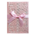 Elegant laser-cut lace wedding invitation cover in soft pink with a satin ribbon bow - Pink