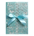 Tiffany blue laser-cut wedding invitation card with ribbon bow and elegant floral patterns - Tiffany Blue