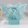 Mint green laser-cut butterfly candy box with white ribbon for wedding parties - Pearl Pale Blue