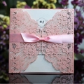 Pink laser-cut lace wedding invitation card with a satin ribbon bow and printed inner card - Pink