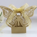 Laser-cut butterfly wedding favor box in golden finish with matching organza ribbon - Beige Gold
