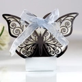 Laser cut butterfly wedding favor box in dark brown with light blue silk ribbon - Reflective Silver