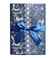 Elegant navy blue laser cut wedding invitation with hollow floral pattern and satin bow - Ink Blue