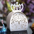 Elegant white laser-cut crown wedding favor box with intricate lace hollow pattern - White
